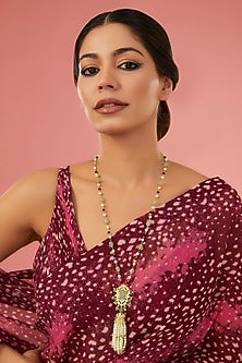 Gold Finish Moissanite Polki & Synthetic Emerald Long Necklace In Sterling Silver