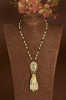Gold Finish Moissanite Polki & Synthetic Emerald Long Necklace In Sterling Silver
