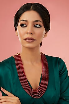 Gold Finish Synthetic Ruby Long Necklace In Sterling Silver