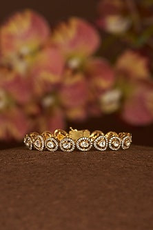 Gold Finish Moissanite Polki & CZ Bangle In Sterling Silver