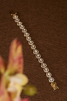 Gold Finish Moissanite Polki & CZ Bangle In Sterling Silver