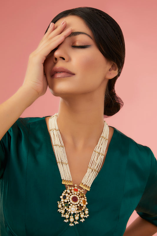 Gold Finish Moissanite Polki & Synthetic Navratna Stone Long Necklace In Sterling Silver