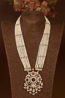 Gold Finish Moissanite Polki & Synthetic Navratna Stone Long Necklace In Sterling Silver