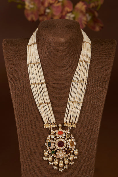 Gold Finish Moissanite Polki & Synthetic Navratna Stone Long Necklace In Sterling Silver