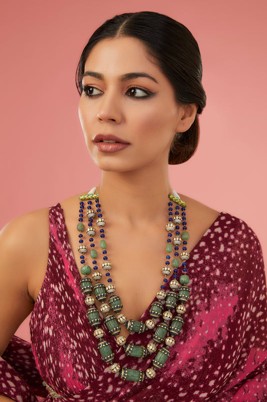 Gold Finish Moissanite Polki & Synthetic Emerald Long Necklace In Sterling Silver