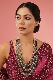 Gold Finish Moissanite Polki & Synthetic Emerald Long Necklace In Sterling Silver