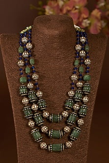 Gold Finish Moissanite Polki & Synthetic Emerald Long Necklace In Sterling Silver