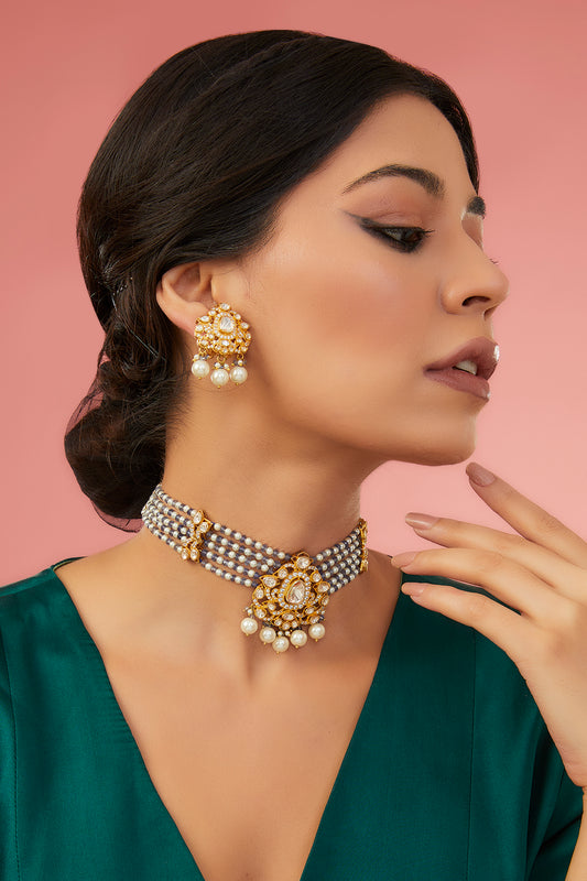 Gold Finish Moissanite Polki & Synthetic Tanzanite Choker Necklace Set In Sterling Silver