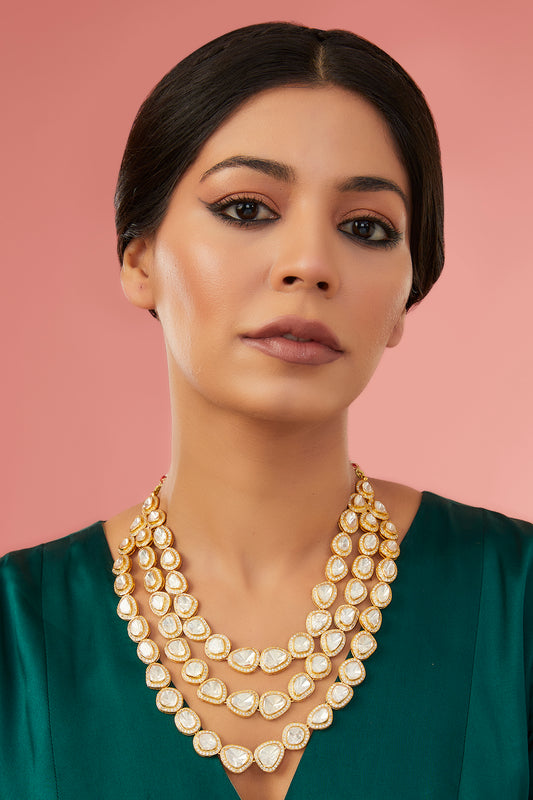 Gold Finish Moissanite Polki & Eurostar CZ Layered Necklace In Sterling Silver