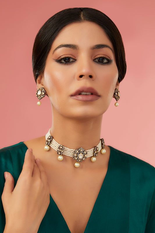 Gold Finish Moissanite Polki & Freshwater Pearl Choker Necklace Set In Sterling Silver