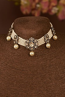 Gold Finish Moissanite Polki & Freshwater Pearl Choker Necklace Set In Sterling Silver