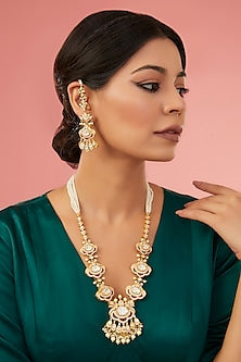 Gold Finish Moissanite Polki & Synthetic Ruby Long Necklace Set In Sterling Silver