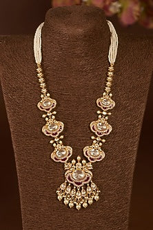 Gold Finish Moissanite Polki & Synthetic Ruby Long Necklace Set In Sterling Silver