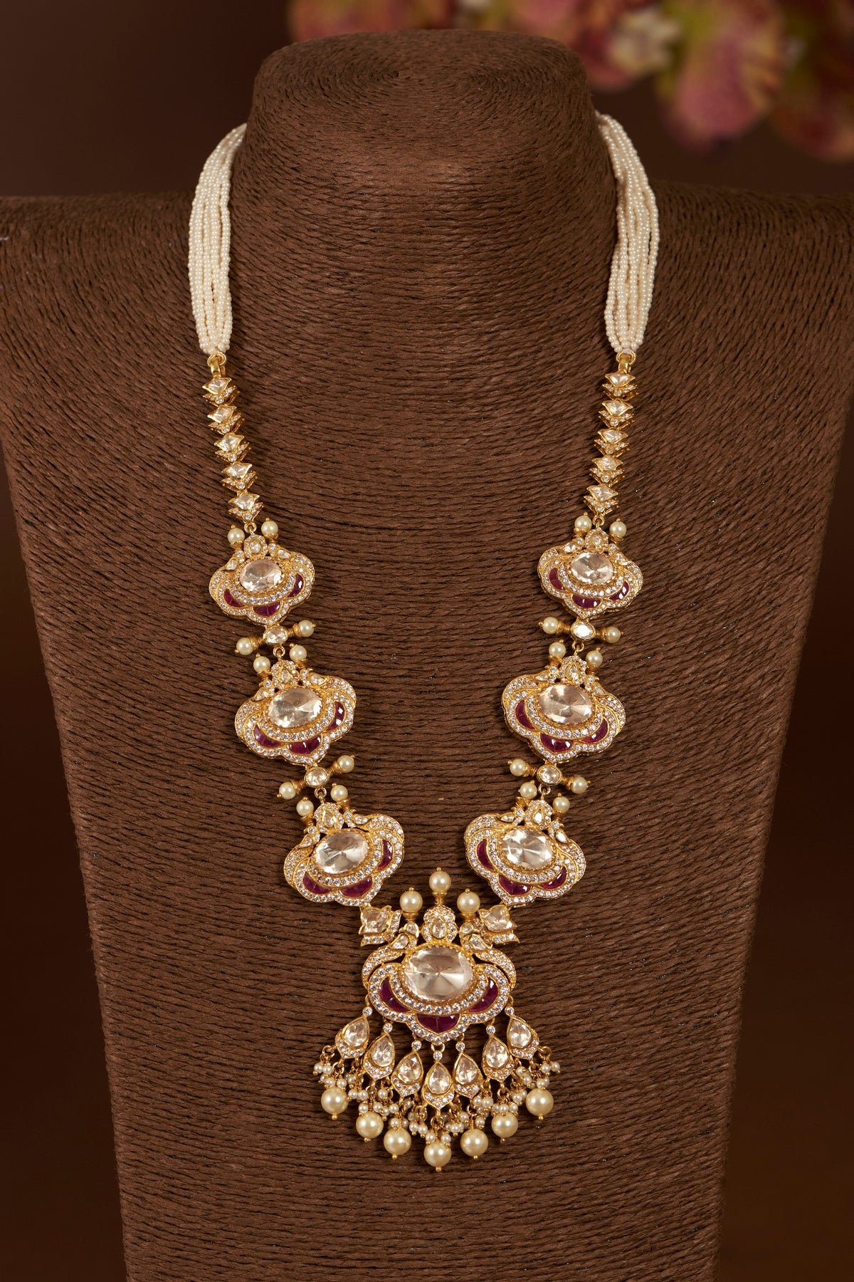 Gold Finish Moissanite Polki & Synthetic Ruby Long Necklace Set In Sterling Silver