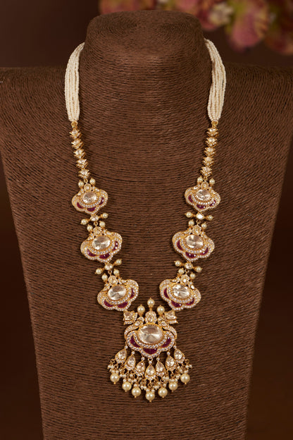Gold Finish Moissanite Polki & Synthetic Ruby Long Necklace Set In Sterling Silver