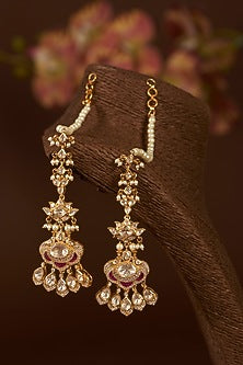 Gold Finish Moissanite Polki & Synthetic Ruby Long Necklace Set In Sterling Silver