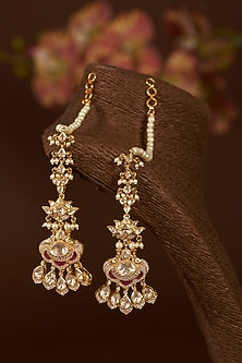 Gold Finish Moissanite Polki & Synthetic Ruby Long Necklace Set In Sterling Silver