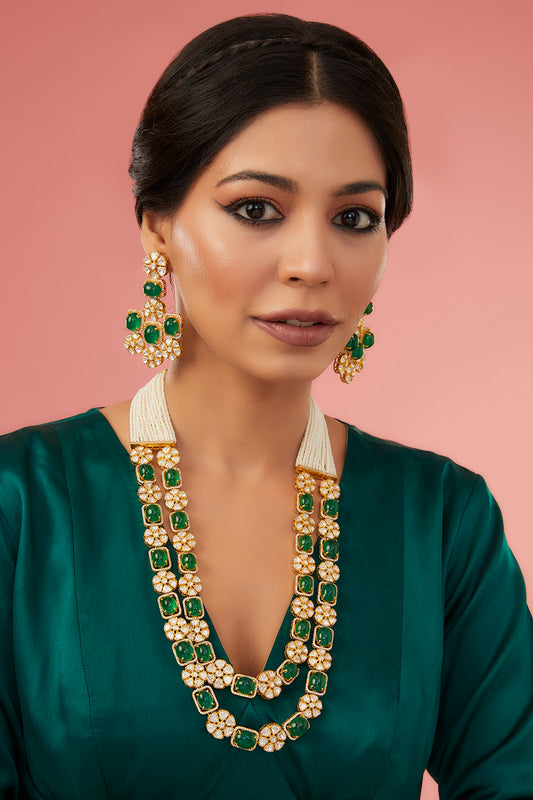 Gold Finish Moissanite Polki & Synthetic Ruby Long Necklace Set In Sterling Silver