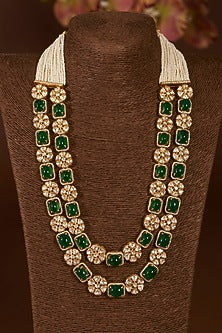Gold Finish Moissanite Polki & Synthetic Ruby Long Necklace Set In Sterling Silver