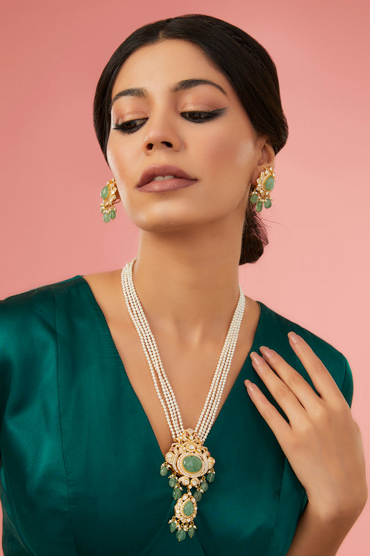 Gold Finish Moissanite Polki & Synthetic Emerald Long Necklace Set In Sterling Silver