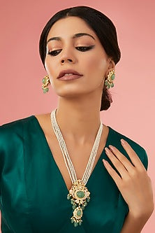 Gold Finish Moissanite Polki & Synthetic Emerald Long Necklace Set In Sterling Silver