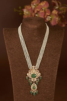 Gold Finish Moissanite Polki & Synthetic Emerald Long Necklace Set In Sterling Silver