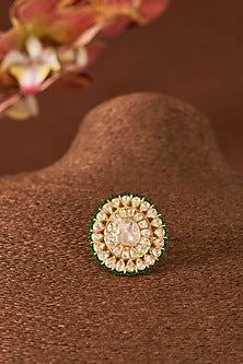 Yellow Gold Finish Kundan Polki & Emerald Synthetic Stone Ring In Sterling Silver