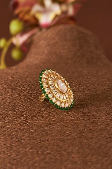Yellow Gold Finish Kundan Polki & Emerald Synthetic Stone Ring In Sterling Silver