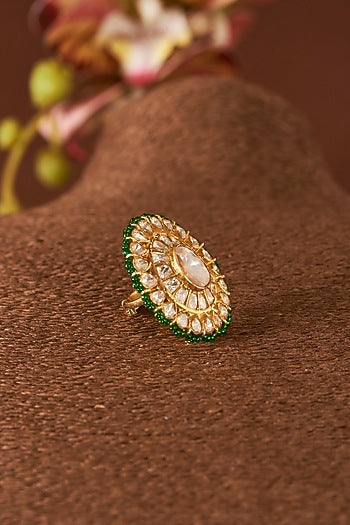 Yellow Gold Finish Kundan Polki & Emerald Synthetic Stone Ring In Sterling Silver