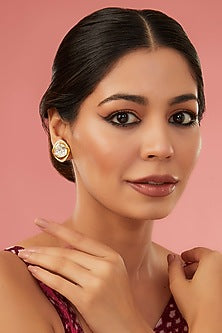 Gold Finish Moissanite Polki & Synthetic Ruby Stud Earrings In Sterling Silver