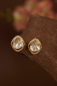 Gold Finish Moissanite Polki & Synthetic Ruby Stud Earrings In Sterling Silver