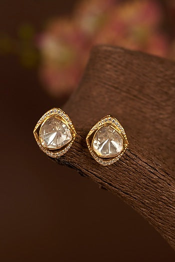 Gold Finish Moissanite Polki & Synthetic Ruby Stud Earrings In Sterling Silver