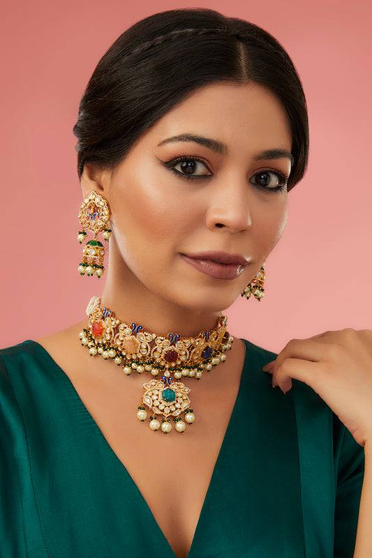 Gold Finish Moissanite Polki & Synthetic Navratna Stone Choker Necklace Set In Sterling Silver