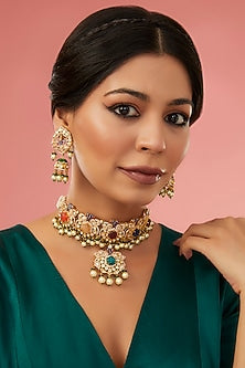 Gold Finish Moissanite Polki & Synthetic Navratna Stone Choker Necklace Set In Sterling Silver