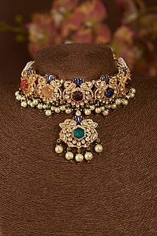 Gold Finish Moissanite Polki & Synthetic Navratna Stone Choker Necklace Set In Sterling Silver