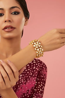Gold Finish Moissanite Polki Bangle In Sterling Silver