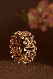 Gold Finish Moissanite Polki Bangle In Sterling Silver