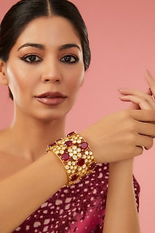 Gold Finish Moissanite Polki & Synthetic Ruby Bangle In Sterling Silver