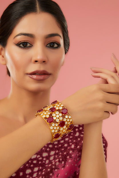 Gold Finish Moissanite Polki & Synthetic Ruby Bangle In Sterling Silver
