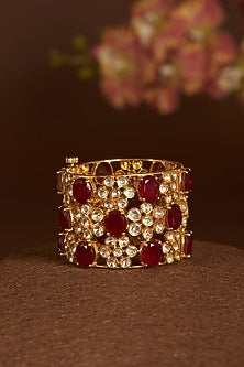 Gold Finish Moissanite Polki & Synthetic Ruby Bangle In Sterling Silver