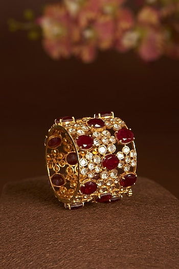 Gold Finish Moissanite Polki & Synthetic Ruby Bangle In Sterling Silver