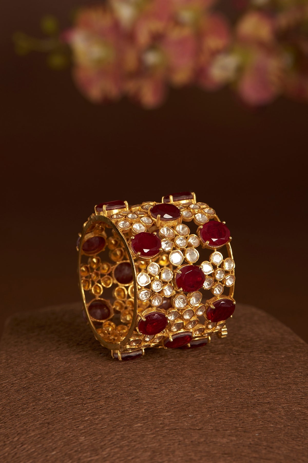Gold Finish Moissanite Polki & Synthetic Ruby Bangle In Sterling Silver