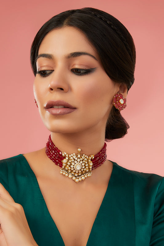 Gold Finish Moissanite Polki & Synthetic Ruby Choker Necklace Set In Sterling Silver