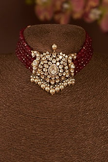 Gold Finish Moissanite Polki & Synthetic Ruby Choker Necklace Set In Sterling Silver