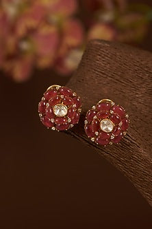 Gold Finish Moissanite Polki & Synthetic Ruby Choker Necklace Set In Sterling Silver