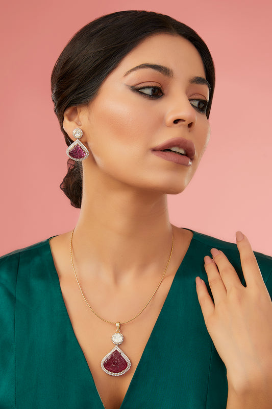 Gold Finish Moissanite Polki & Eurostar CZ Pendant Necklace Set In Sterling Silver