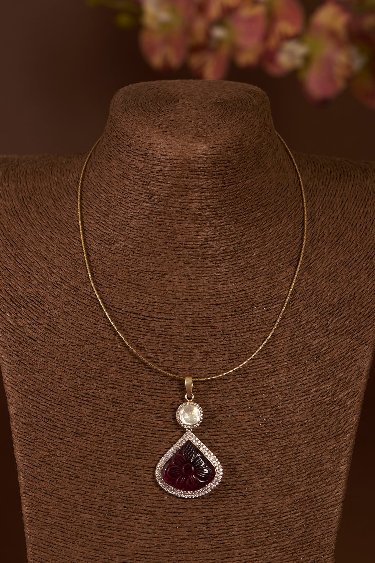 Gold Finish Moissanite Polki & Eurostar CZ Pendant Necklace Set In Sterling Silver