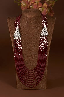 White Finish Synthetic Ruby & Eurostar CZ Long Necklace In Sterling Silver