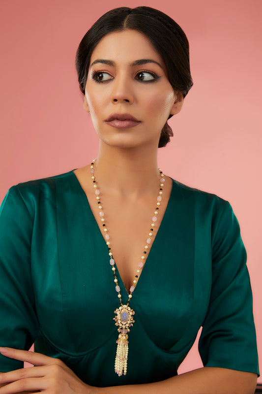 Gold Finish Moissanite Polki & Eurostar CZ Long Necklace In Sterling Silver