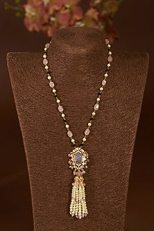Gold Finish Moissanite Polki & Eurostar CZ Long Necklace In Sterling Silver